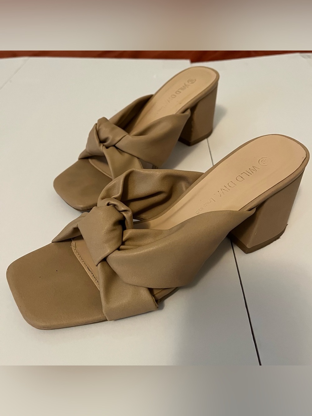 Knot Front Block Heel Mules in Tan